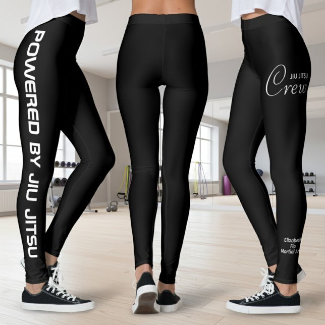 Custom Print Jiu Jitsu Crew Black Spats Leggings (Black Jiu Jitsu leggings. Fitness studio background.)