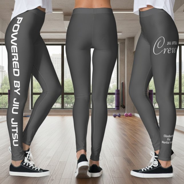 Custom Print Jiu Jitsu Crew Grey Spats Leggings (Grey powered by jiu jitsu leggings. Fitness studio background.)