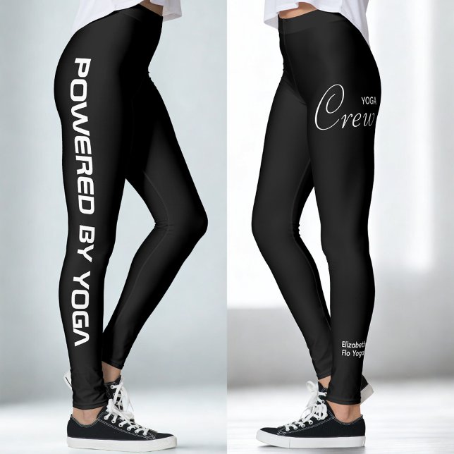 Custom Print Yoga Crew Black Leggings (Black yoga leggings. White background.)