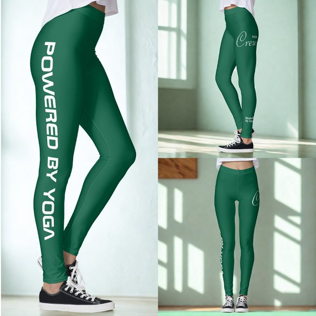 Custom Print Yoga Crew Hunter Green Leggings (Hunter green yoga leggings shown in 3 different views.)