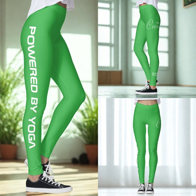 Custom Print Yoga Crew Kelly Green Leggings (Kelly green yoga leggings shown in 3 different views.)