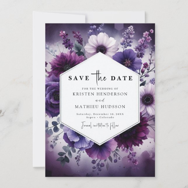 Custom Printable Purple Floral Wedding Save The Date (Front)