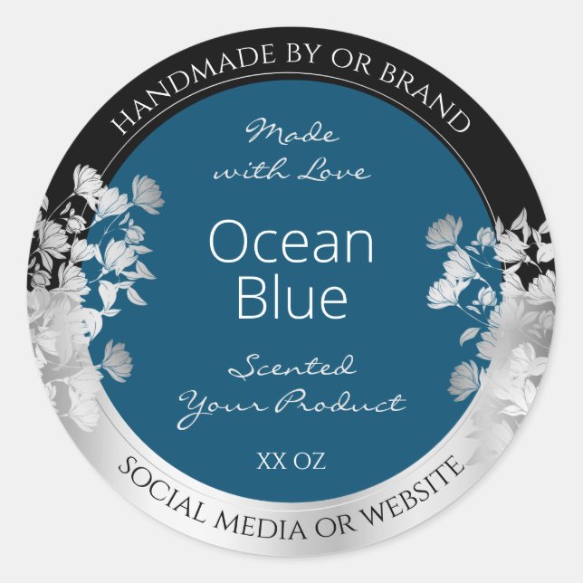 Custom Product Labels Ocean Blue with Silver Frame (Front)