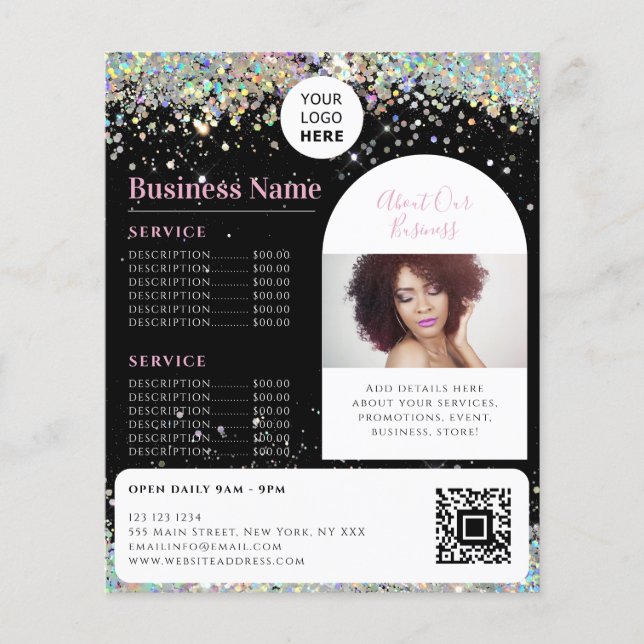 Custom Promotional Aesthetician Holo Glitter Black Flyer (Front)