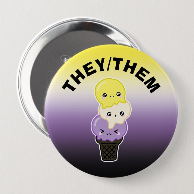 Custom Pronouns - LGBTQ+ Nonbinary Pride Ice Cream 10 Cm Round Badge (Front & Back)