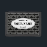 Custom property of shark pattern money wallet<br><div class="desc">Masculine shark fish pattern custom money wallet gift for men, women or kids. Personalizable accessory with your own name or monogram initial letters. Black and white design with oval label and Property of Established date template. Cool manly Birthday present for boy, dad, husband, diver, fisher, swimmer, sailor, skipper, boat captain,...</div>