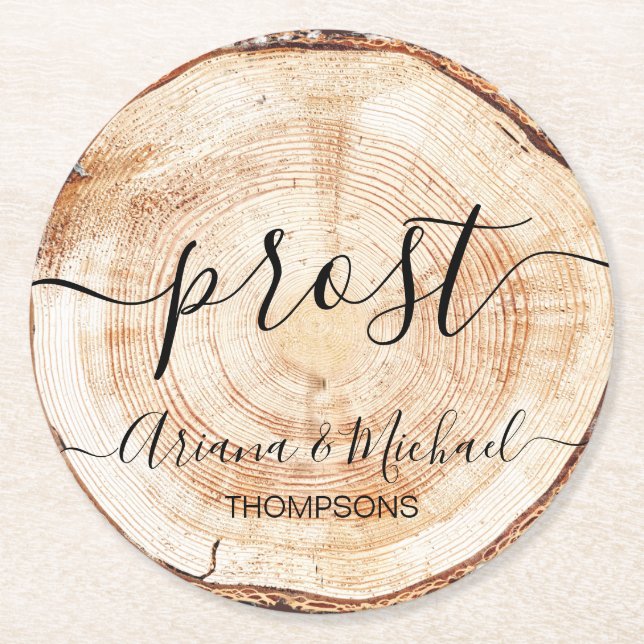 Custom Prost German Wedding Wood Grain  Round Paper Coaster (Front)