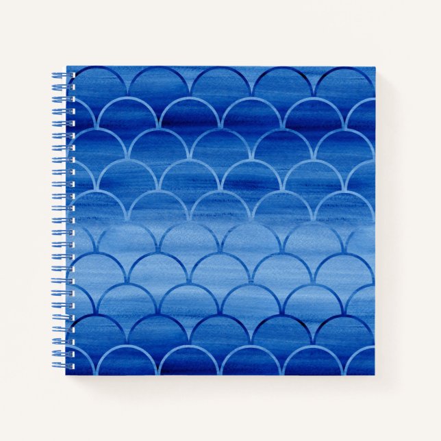 Custom Prussian Blue Watercolor Scale Pattern Notebook (Front)