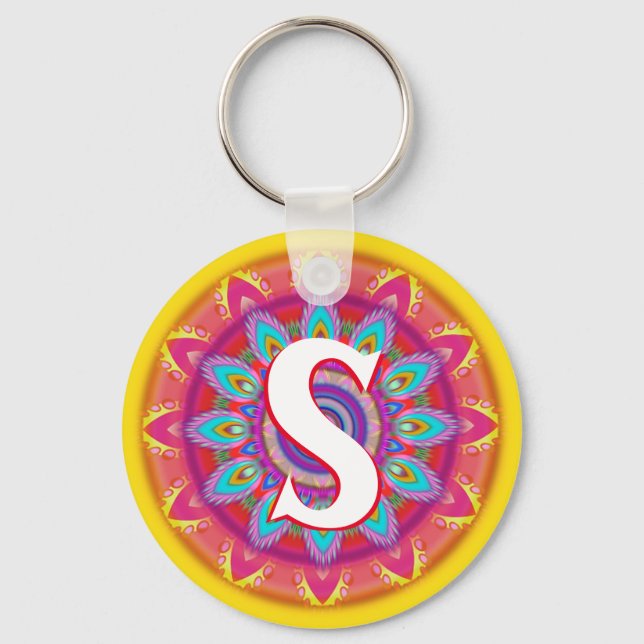 Custom psychedelic initial button key ring yellows (Front)