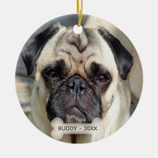 Custom Pug Dog Photo Ceramic Tree Decoration (Front)