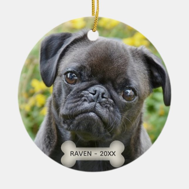 Custom Pug Dog Photo Ceramic Tree Decoration (Front)