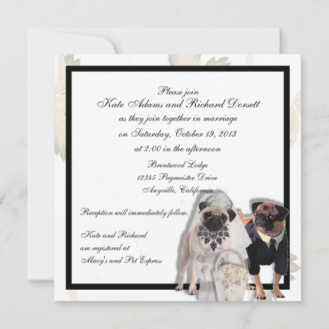 Custom Pug Wedding or Anniversary Invitations (Front)