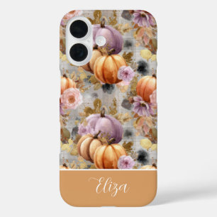 Custom Pumpkin and Flowers plaid  pattern  iPhone 16 Case