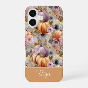 Custom Pumpkin and Flowers plaid pattern iPhone 16 Case