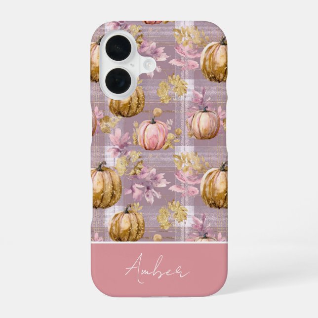Custom Pumpkin and Flowers plaid  pattern  iPhone 16 Case (Back)