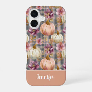 Custom Pumpkin and Flowers plaid pattern iPhone 16 Case