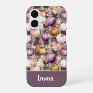 Custom Pumpkin and Flowers plaid pattern iPhone 16 Case