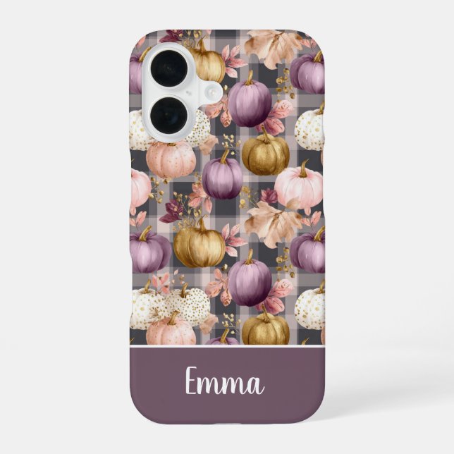 Custom Pumpkin and Flowers plaid  pattern  iPhone 16 Case (Back)