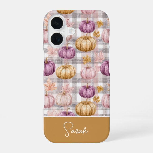 Custom Pumpkin and Flowers plaid  pattern  iPhone 16 Case (Back)