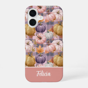 Custom Pumpkin and Flowers plaid pattern iPhone 16 Case