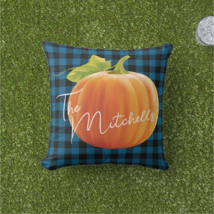 Custom Pumpkin On Blue Black Check Pattern Cushion