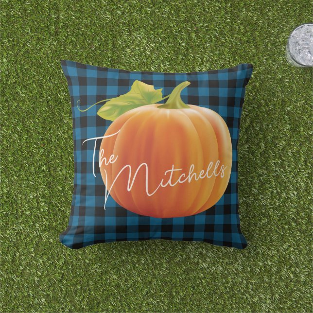Custom Pumpkin On Blue Black Check Pattern Cushion (Grass)