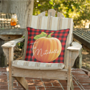 Custom Pumpkin On Red Black Check Pattern Cushion