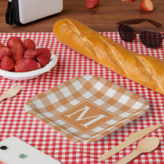 Custom Pumpkin Orange Gingham Pattern Paper Plate