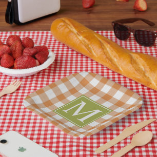 Custom Pumpkin Orange Green Picnic Gingham Pattern Paper Plate