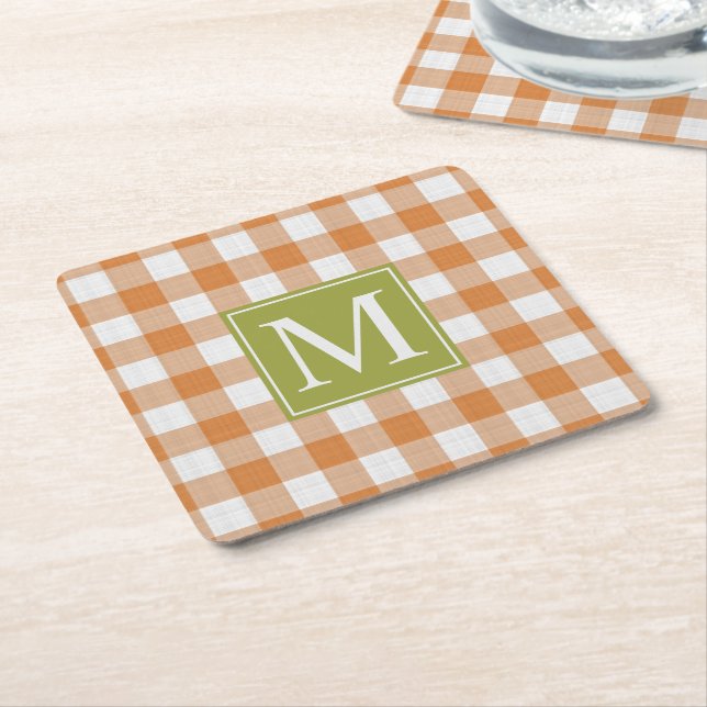 Custom Pumpkin Orange Green Picnic Gingham Pattern Square Paper Coaster (Angled)