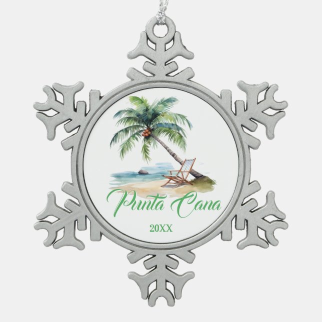 Custom Punta Cana Beach  Snowflake Pewter Christmas Ornament (Front)