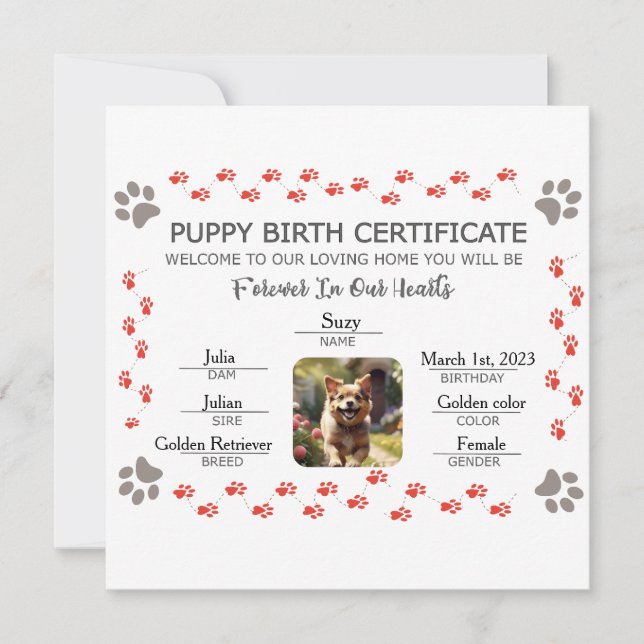 Custom Puppy Birth Certificate Holiday Card (Front)