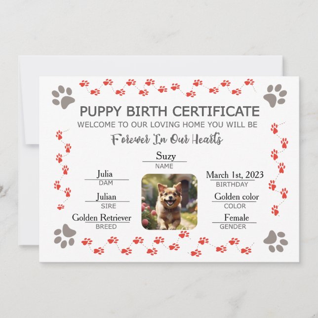 Custom Puppy Birth Certificate Invitation (Front)