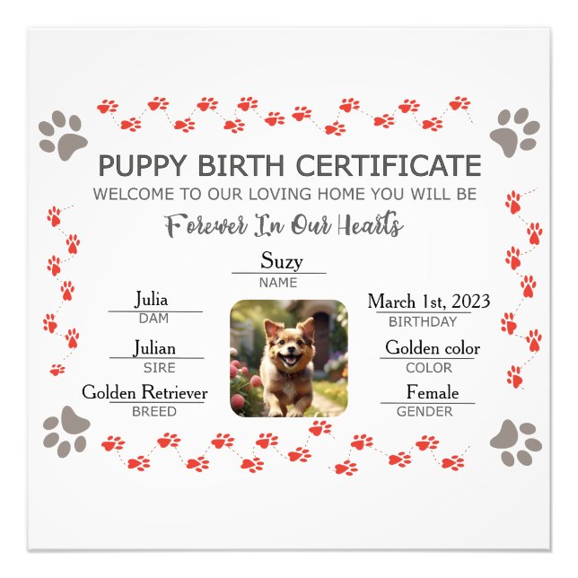 Custom Puppy Birth Certificate Photo Print (Front)
