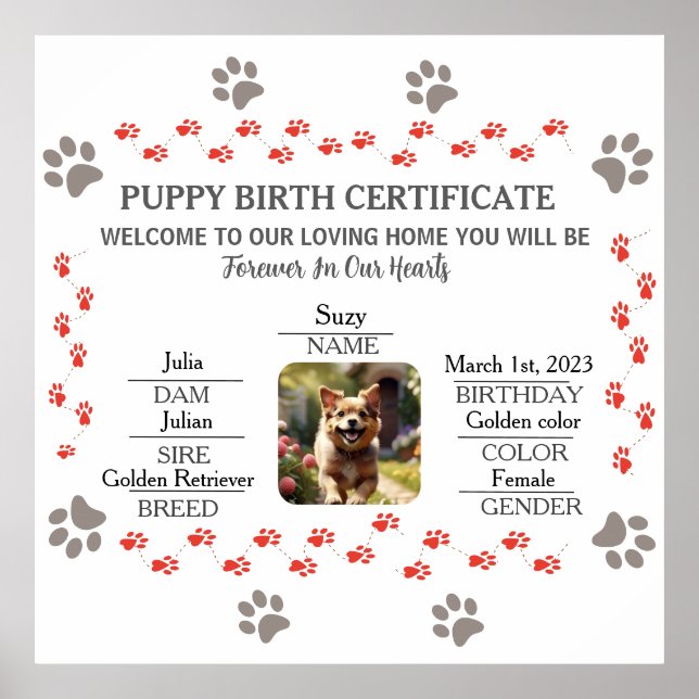 Custom Puppy Birth Certificate Poster (Front)