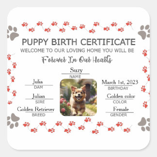 Custom Puppy Birth Certificate Square Sticker
