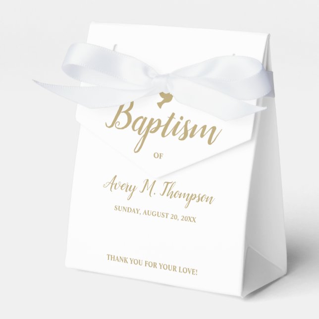 Custom Pure white gold hue dove Script Baptism  Favour Box (Front Side)