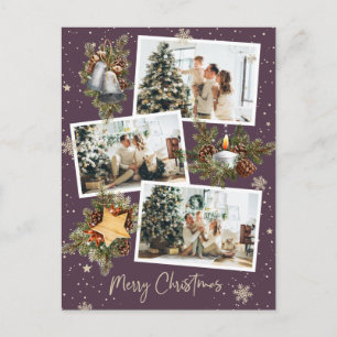 Custom Purple 3 Photo Collage Merry Christmas Postcard