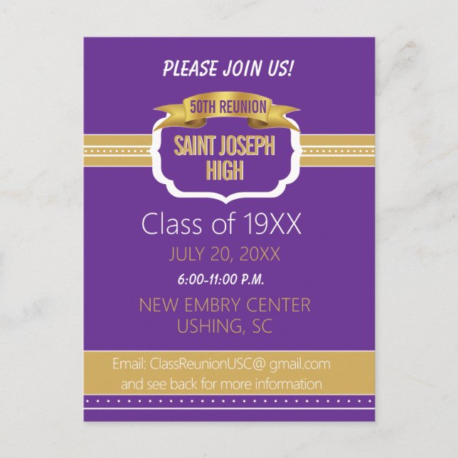 Custom Purple 50th Class Reunion Invite Postcard (Front)