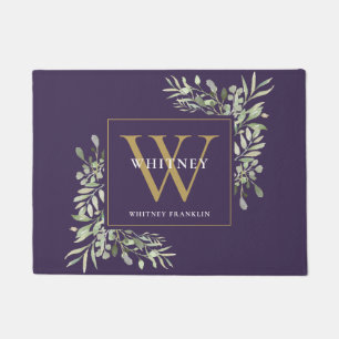Custom Purple And Gold Monogram Greenery Floral Doormat