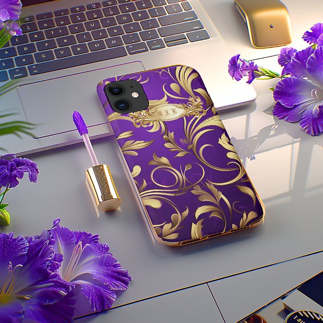 Custom Purple and Gold Monogram Phone Case (Chic Monogrammed Gold and Regal Purple iPhone Cover )
