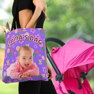 Custom Purple Baby Photo with Teddy Bears Tote Bag