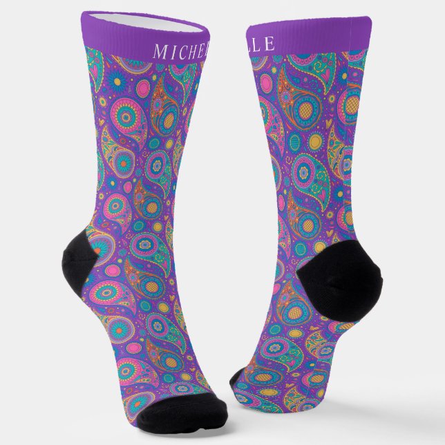 Custom Purple Blue Pink Paisley Pattern Socks (Angled)