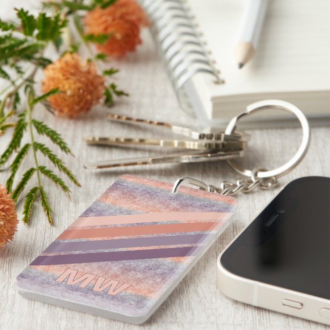 Custom Purple Blush Coral Orange Retro Stripes Key Ring (Front Right)