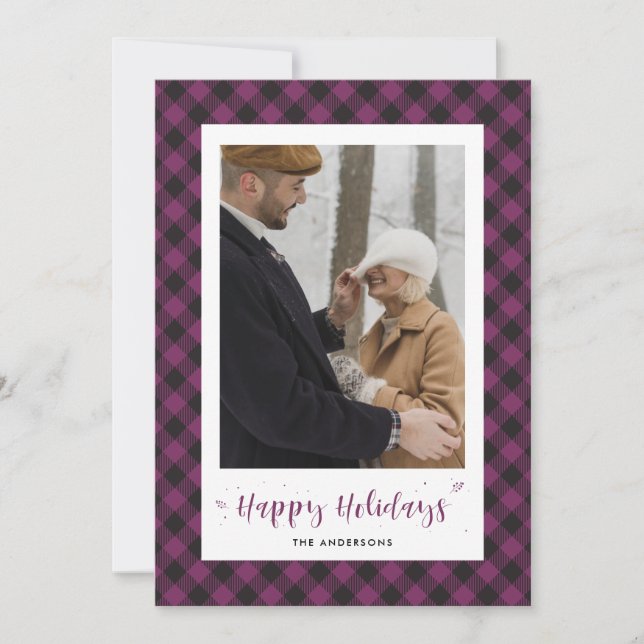 Custom Purple Buffalo Plaid Photo Holiday Cards (Front)