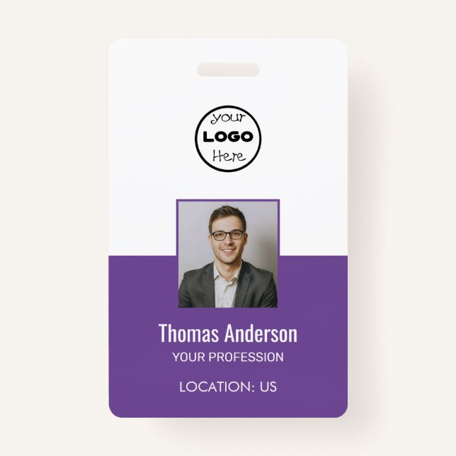 Custom Purple Business Logo Employee Photo ID  ID Badge (Front)