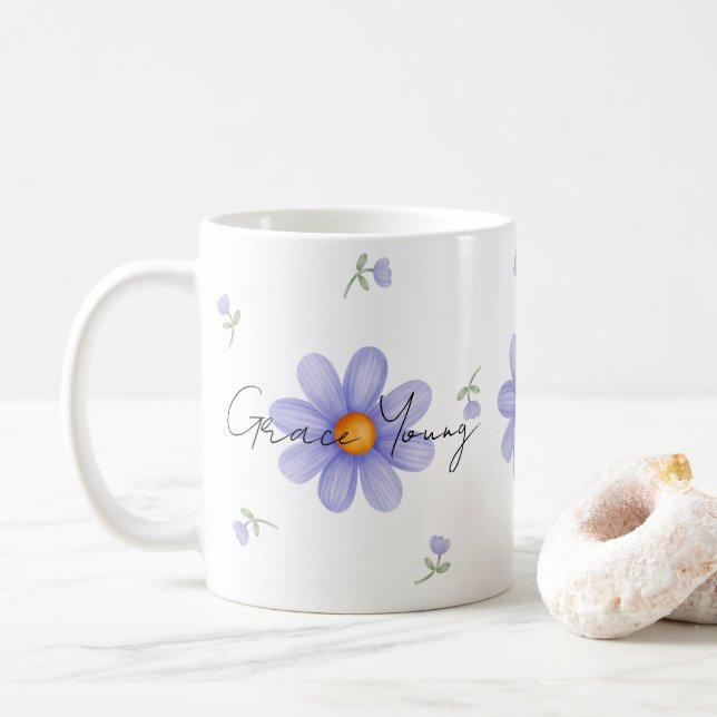 Custom Purple Daisy Name Floral Design Coffee Mug (With Donut)