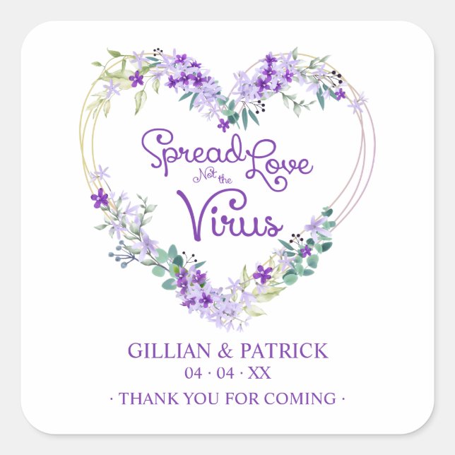 Custom Purple Floral Heart Wedding Sanitizer Gel Square Sticker (Front)
