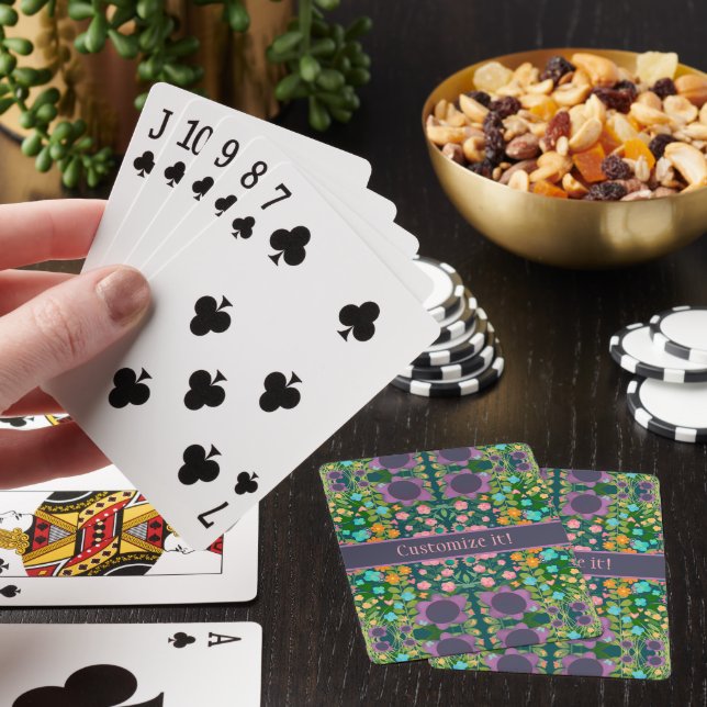 Custom Purple Floral Pattern Name Fun Inspirivity Playing Cards (In Situ)
