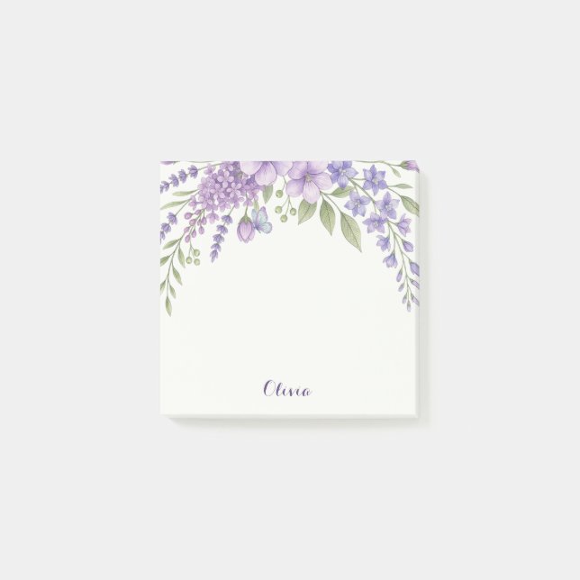 Custom Purple Floral Sticky Notes, Personalized Post-it Notes (Front)